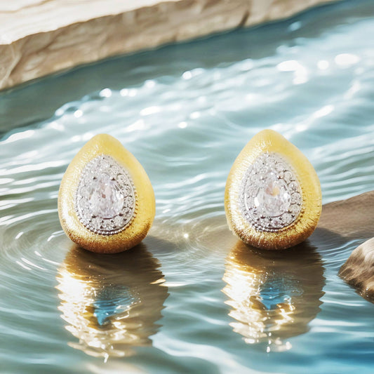Pear Cut Stones & Brushed Gold Finish Silver Statement Stud Earrings