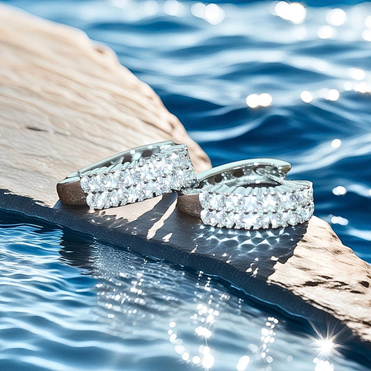 Chic Silver Huggies with Twin Rows of Cubic Zirconia