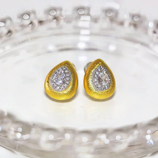 Pear Cut Stones & Brushed Gold Finish Silver Statement Stud Earrings