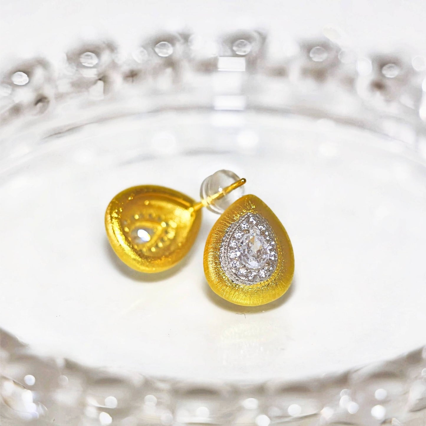 Pear Cut Stones & Brushed Gold Finish Silver Statement Stud Earrings